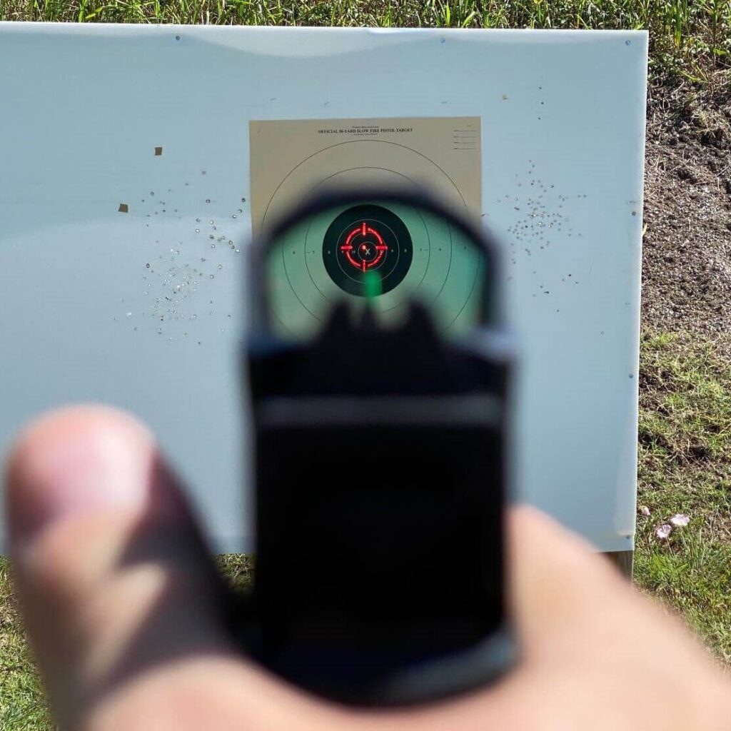 Gideon Optics Alpha view through reticle at shooting range