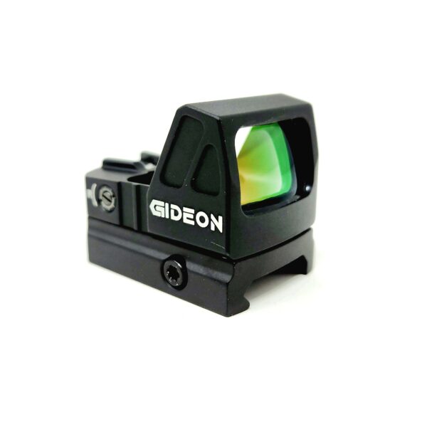 Angled view of Gideon Optics Rock red dot sight attached to a firearm mount