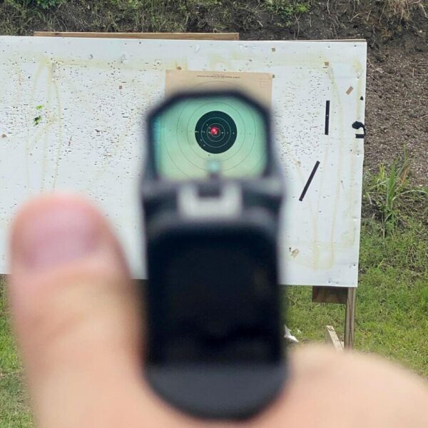 Sight picture on Gideon Optics Judge reflex sight at shooting range