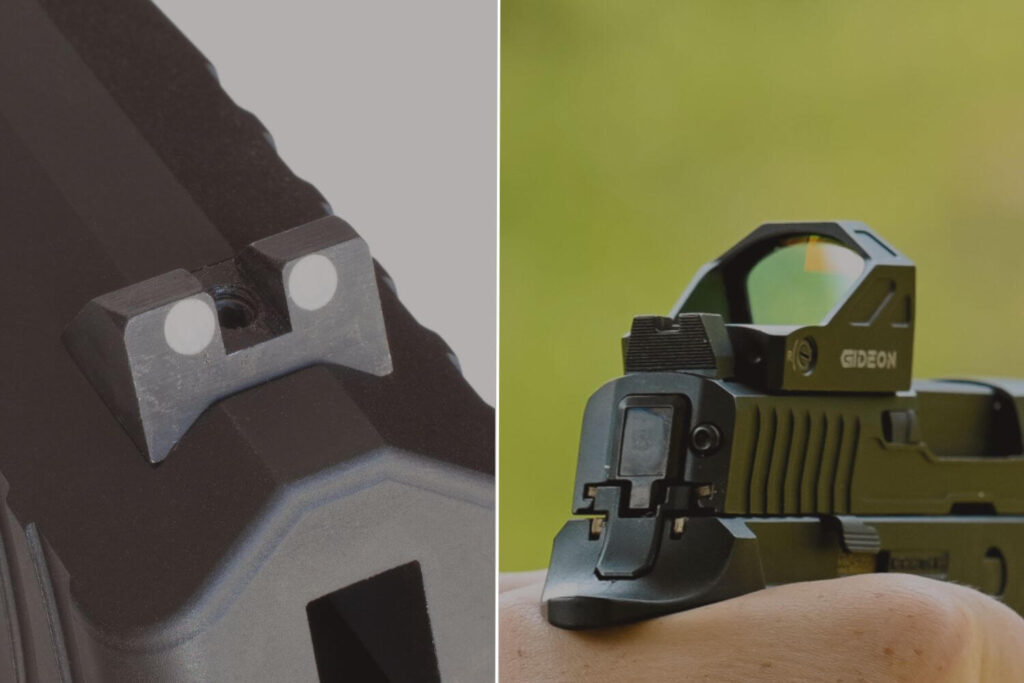 side by side comparison view of an iron sight and a pistol mounted optic
