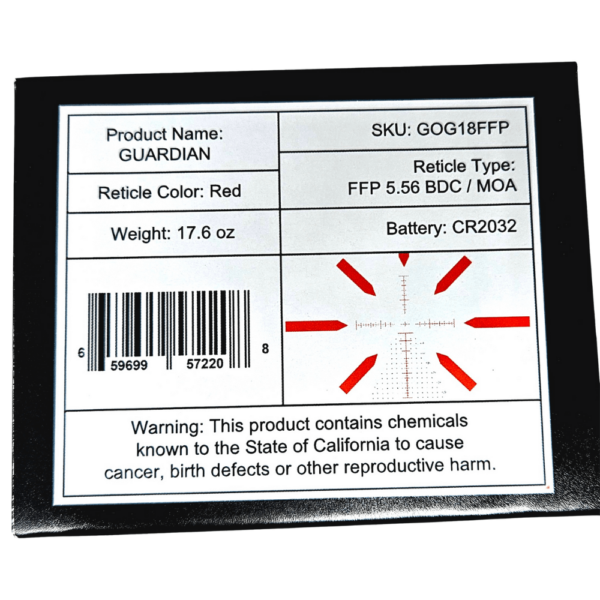 Package details sticker on outside of Guardian 1-8×24 FFP LPVO product packaging