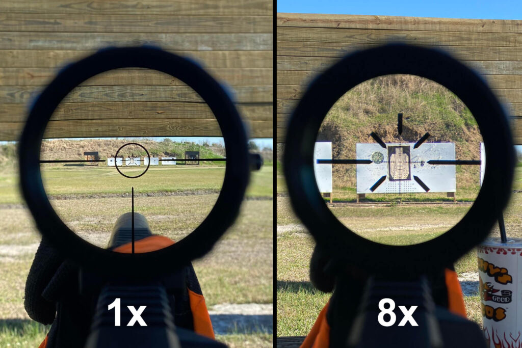 Gideon Optics Guardian FFP LPVO reticle view at 1x and 8x magnification