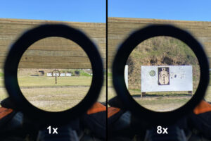 Gideon Optics Guardian SFP LPVO reticle view at 1x and 8x magnification
