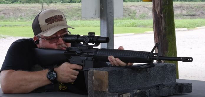 Mike from Gideon Optics testing the Guardian LPVO at an outdoor shooting range - Gideon Optics Mike from Gideon Optics testing the Guardian LPVO at an outdoor shooting range
