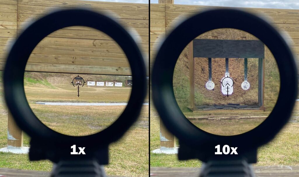View of Guardian LPVO reticle at 1x and 10x - Gideon Optics View of Guardian LPVO reticle at 1x and 10x