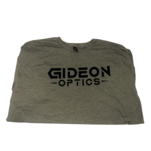 Heathered OD green T-shirt with Gideon Optics Logo across the chest in all black