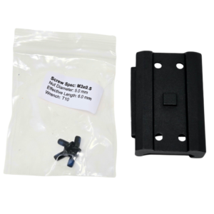 Low T1/T2 compatible Picatinny Mount for Advocate next to bag with mounting screws