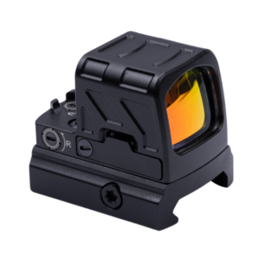 Gideon Optics Valor Mini Closed Emitter Reflex Red Dot Sight side view with adjustment dials attached to Picatinny mount