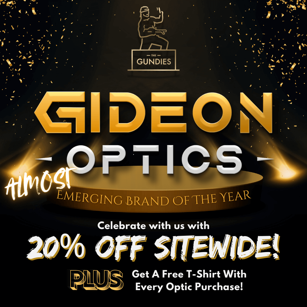 Gideon Optics Almost Emerginf Brand of the Year graphic showing 20% off sitewide sale and free t-shirt