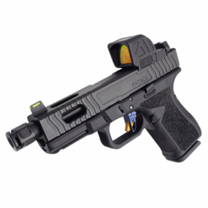 Front side angle view of Gideon Optics Granite Comp mounted to a pistol