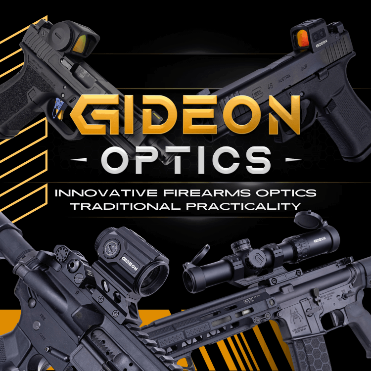 Gideon Optics Homepage banner with logo and four firearms - all with Gideon Optics mounten on them