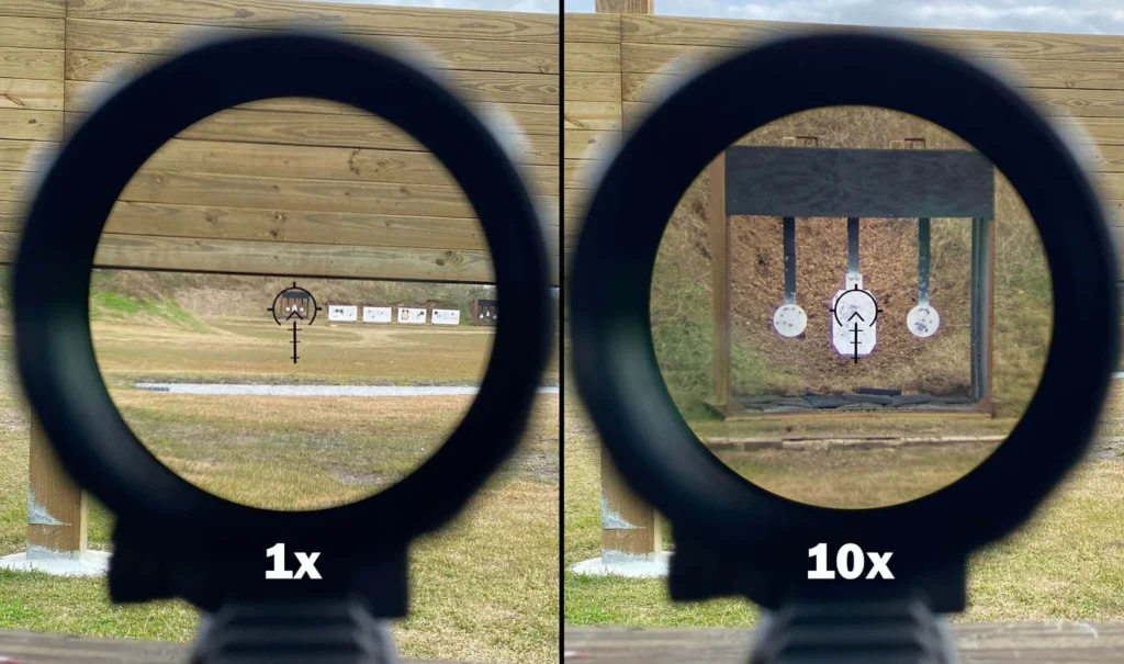 View through the lens of Gideon Optics Guardian 1-10x28mm SFP LPVO at 1x magnification and 10x magnification
