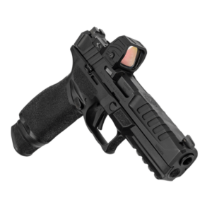 Front angled view of Gideon Optics Storm red dot mounted on a Springfield Echelon 9mm pistol