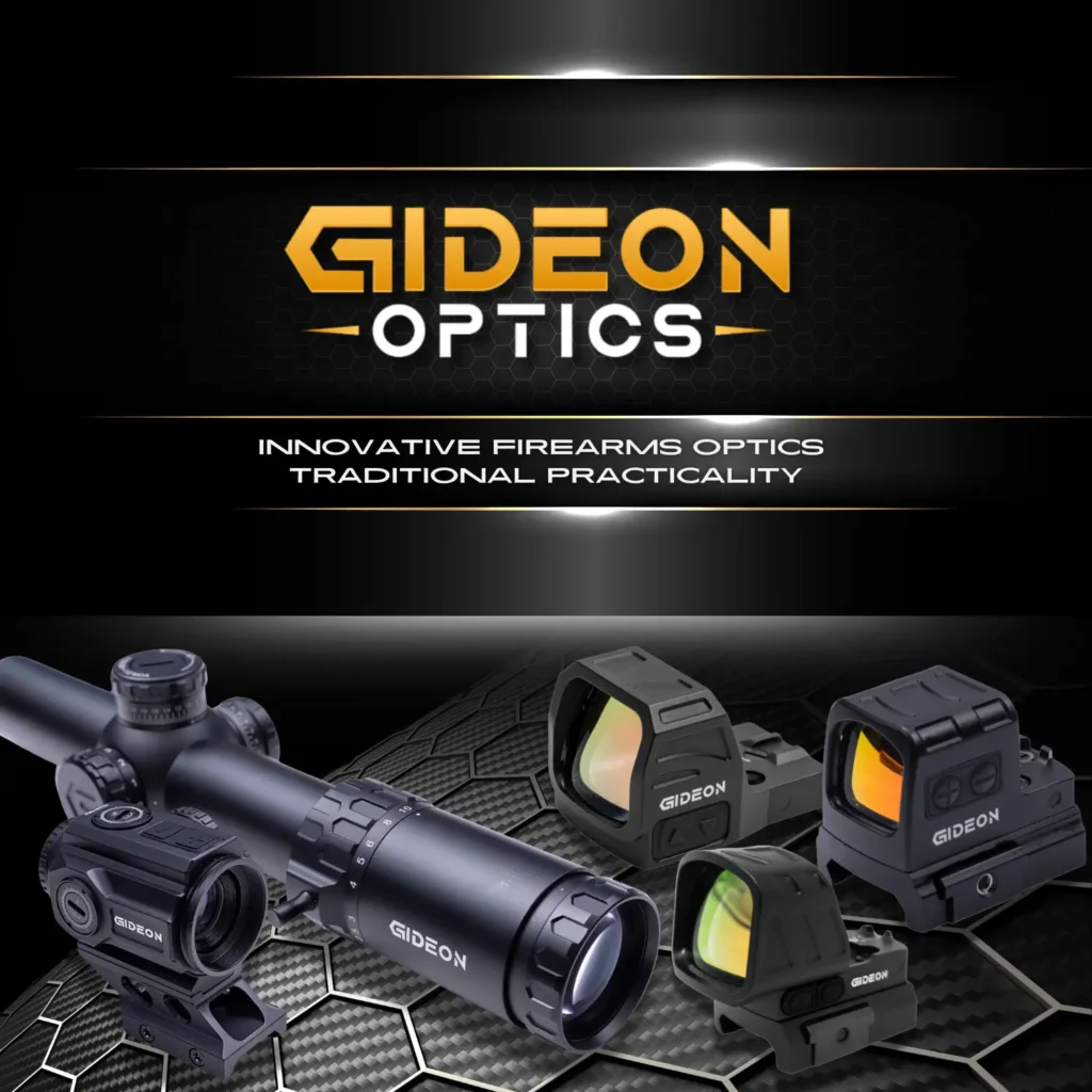 Gideon Optics Hero Image for home paghe feature the Gideon optics logo, their slogan, "innovative firearms traditional practicality, and a few optiocs on display