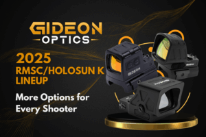 Graphic with Gideon Optics logo showing 3 images of new optics and blog title 2025 RMSC/Holosun K lineup More Options for Every Shooter