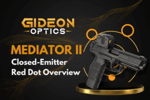 Graphic with a photo of a Mediator II mounted to a pistol, the gideon optics logo, and text Mediator II Closed Emitter Red Dot Review