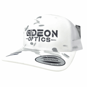 Front view of Gideon Optics branded Multicam white snapback