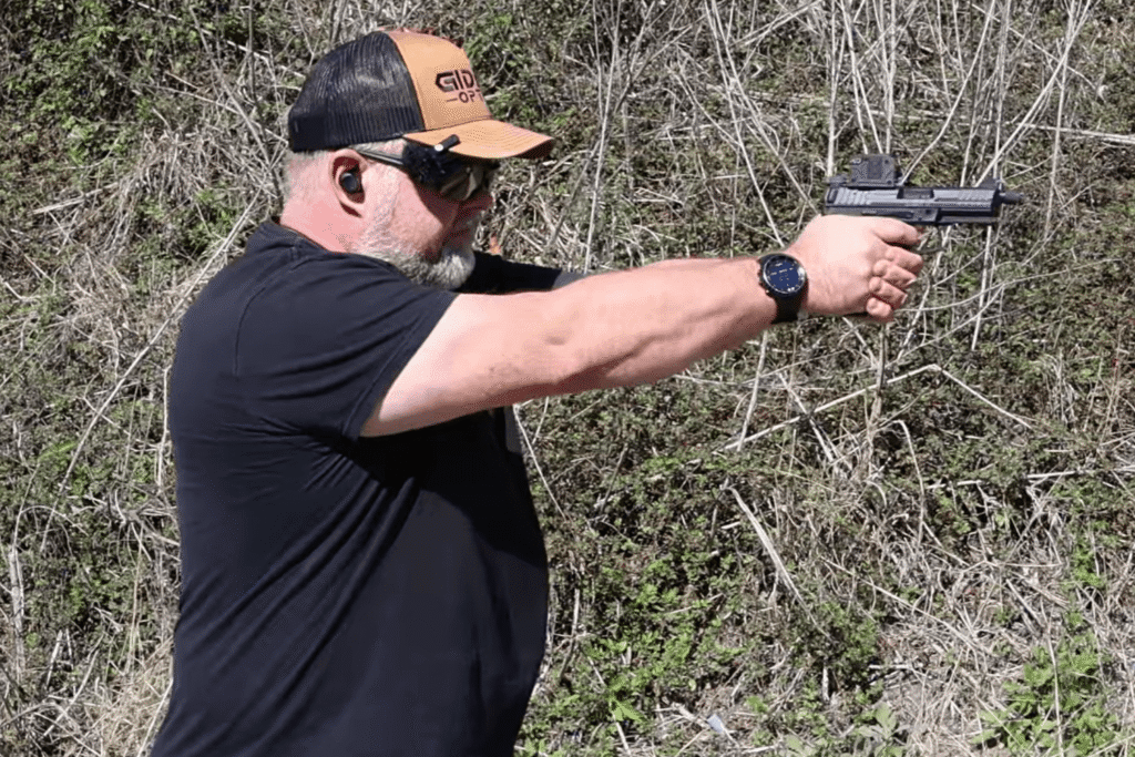 Mike from Gideon Optics shooting a pistol with a Mediator XL mounted