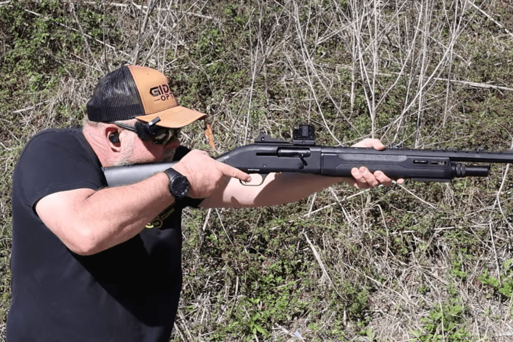 Mike from Gideon Optics shooting a shotgun with a Mediator XL mounted