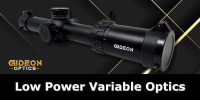 Black rifle scope labeled Gideon Optics, a low power variable optic, shown against a dark geometric background with gold lines; includes the text 'Low Power Variable Optics'.