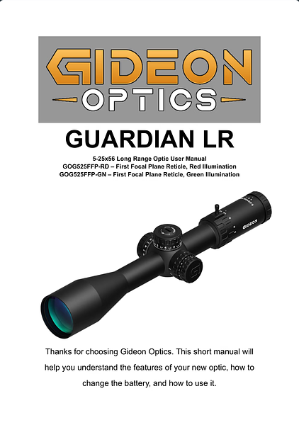 Manual cover for Gideon Optics Guardian LR 5-25x56 Long Range Optic; image of a black rifle scope with adjustment knobs.