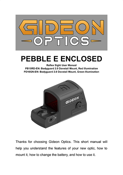 Cover of the Gideon Optics Pebble E Enclosed Reflex Sight manual, showing the Gideon Optics logo and an illustration of the compact red-dot sight.