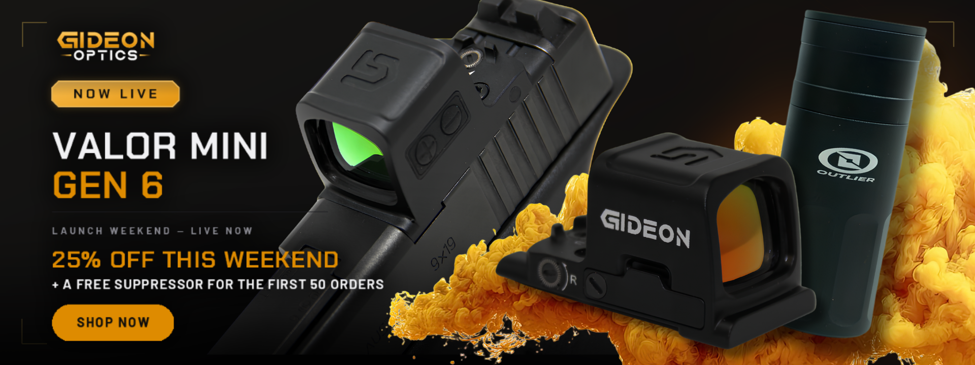 Promotional banner for Gideon Optics Valor Mini Gen 6 featuring compact sights, orange splash, and a 'Shop Now' CTA; 25% off this weekend.